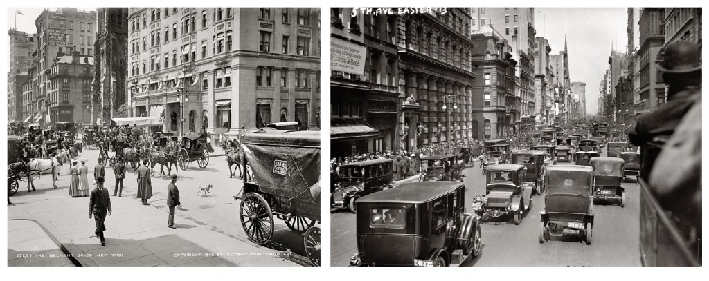 5th Avenue (NY) v roku 1903 a 1913. Desať rokov stačilo na úplnú zmenu dopravy v meste.
