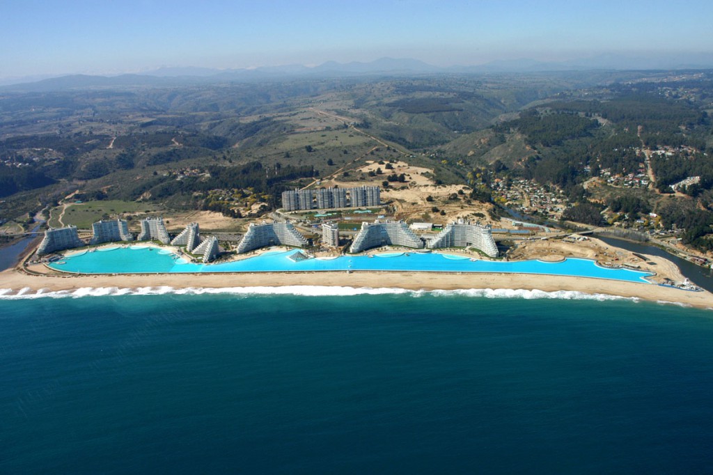 An aerial view of the giant swimming pool at the resort of San Alfonso del Mar in Algarrobo city on the southern coast of Chile