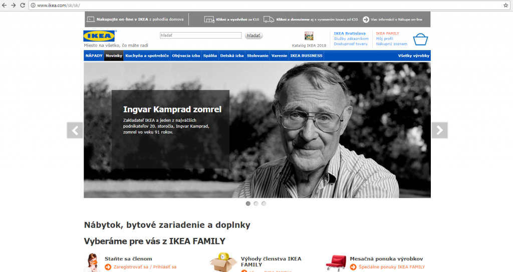 Úmrtie zakladateľa pripomínala aj slovenská pobočka IKEA na svojich webstránkach
