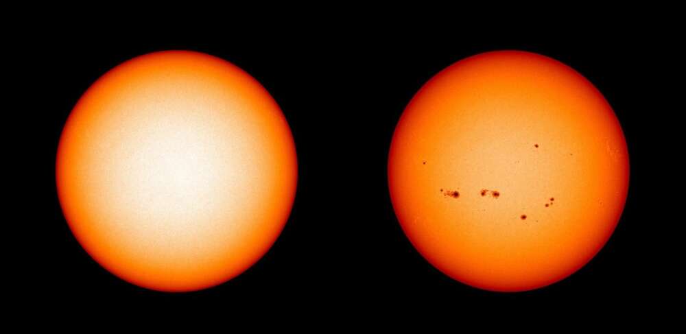 Žiadne slnečné škvrny na Slnku počas decembra 2019 (minimum) v porovnaní s maximom v júli 2014. Foto: NASA/SDO/Joy Ng via IFLScience